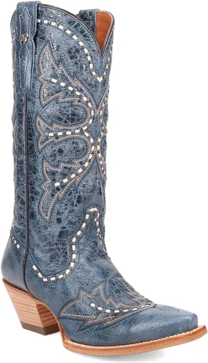 Dan Post Boots Womens Mesa Embroidered Snip Toe Pull On Casual Boots Mid Calf Low Heel 1-2" - Blue