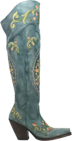 Dan Post Womens Flower Child Embroidered Snip Toe Dress Boots Over the Knee High Heel 3" & Up - Blue