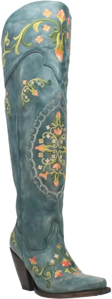 Dan Post Womens Flower Child Embroidered Snip Toe Dress Boots Over the Knee High Heel 3" & Up - Blue