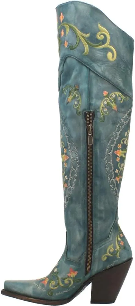 Dan Post Womens Flower Child Embroidered Snip Toe Dress Boots Over the Knee High Heel 3" & Up - Blue