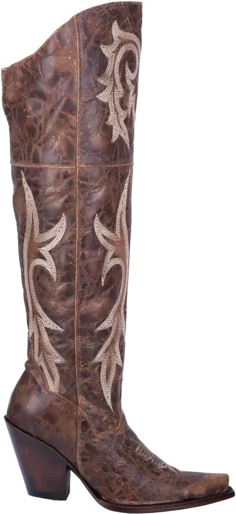 Dan Post Womens Jilted Embroidered Snip Toe Dress Boots Over the Knee High Heel 3" & Up - Brown