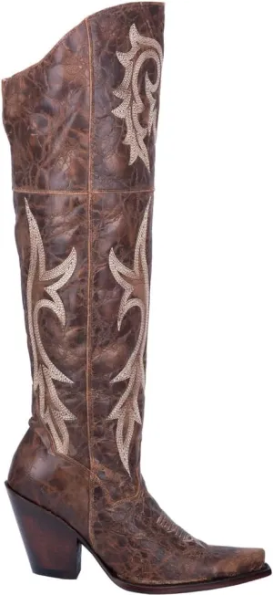 Dan Post Womens Jilted Embroidered Snip Toe Dress Boots Over the Knee High Heel 3" & Up - Brown