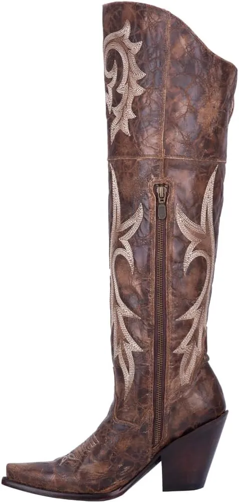 Dan Post Womens Jilted Embroidered Snip Toe Dress Boots Over the Knee High Heel 3" & Up - Brown