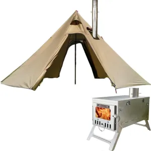 DANCHEL OUTDOOR Backpacking Hot Tent with Stove Jack, Portable Tipi Tent with T6 Titanium Folding Wood Stove for 1-4 Person Winter Solo Camping Hunting,Brown 4m 13ft