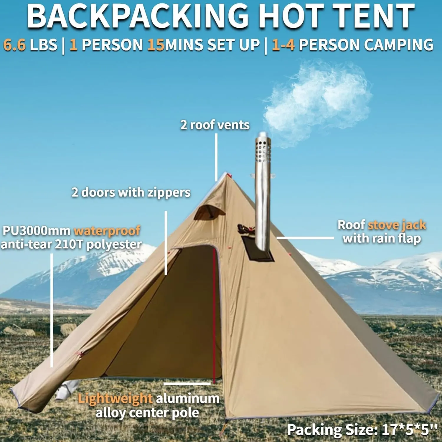 DANCHEL OUTDOOR Backpacking Hot Tent with Stove Jack, Portable Tipi Tent with T6 Titanium Folding Wood Stove for 1-4 Person Winter Solo Camping Hunting,Brown 4m 13ft