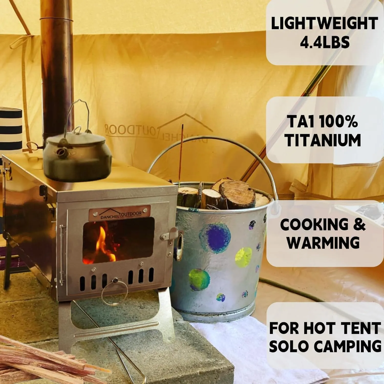 DANCHEL OUTDOOR Backpacking Hot Tent with Stove Jack, Portable Tipi Tent with T6 Titanium Folding Wood Stove for 1-4 Person Winter Solo Camping Hunting,Brown 4m 13ft