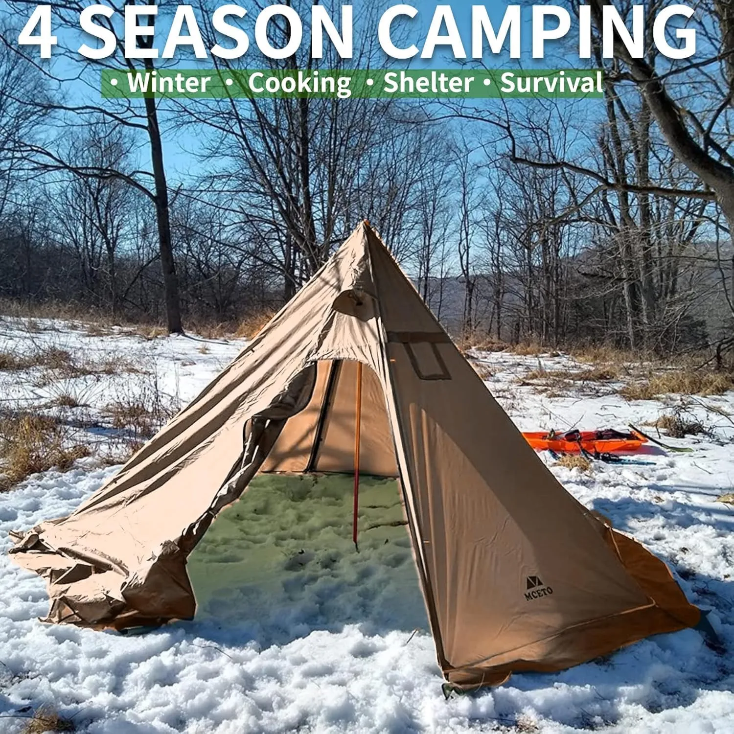 DANCHEL OUTDOOR Backpacking Hot Tent with Stove Jack, Portable Tipi Tent with T6 Titanium Folding Wood Stove for 1-4 Person Winter Solo Camping Hunting,Brown 4m 13ft