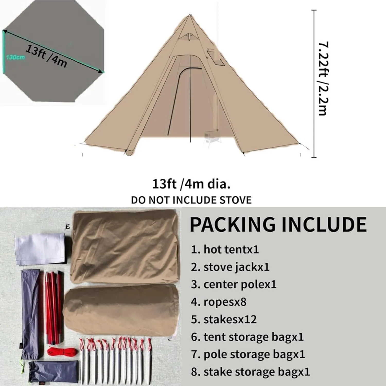 DANCHEL OUTDOOR Backpacking Hot Tent with Stove Jack, Portable Tipi Tent with T6 Titanium Folding Wood Stove for 1-4 Person Winter Solo Camping Hunting,Brown 4m 13ft