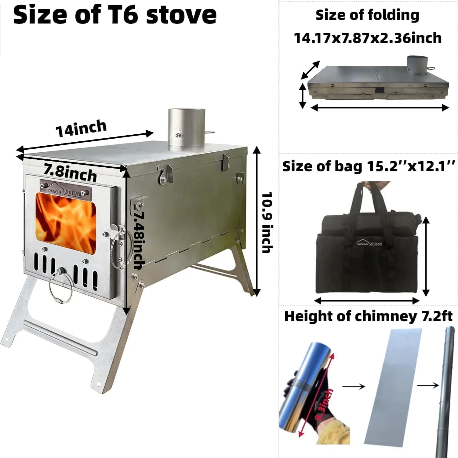 DANCHEL OUTDOOR Backpacking Hot Tent with Stove Jack, Portable Tipi Tent with T6 Titanium Folding Wood Stove for 1-4 Person Winter Solo Camping Hunting,Brown 4m 13ft
