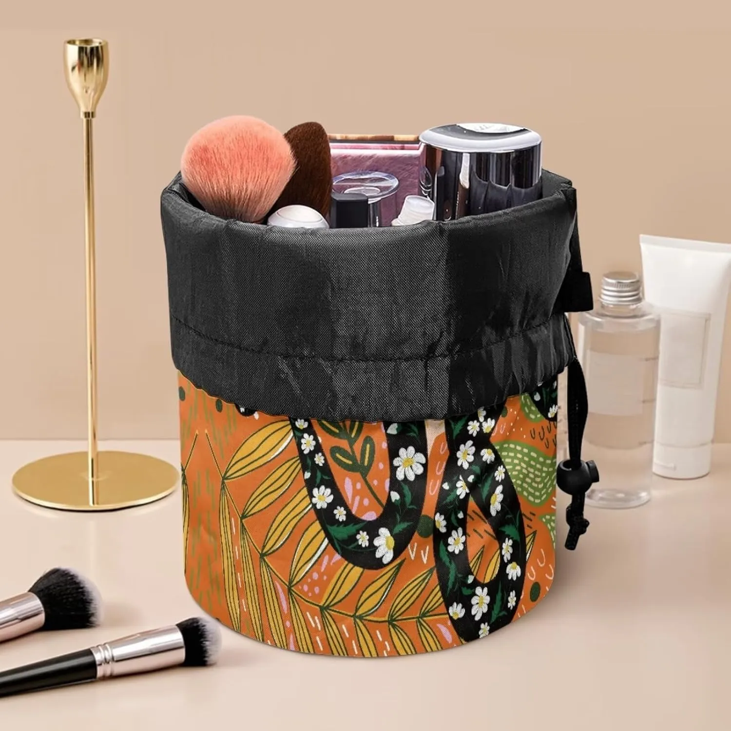 dandelions drawstring makeup bag opens flat collapsible makeup bag portable lazy drawstring makeup bag travel cosmetic pouch toiletry travel essentials for women round makeup bag