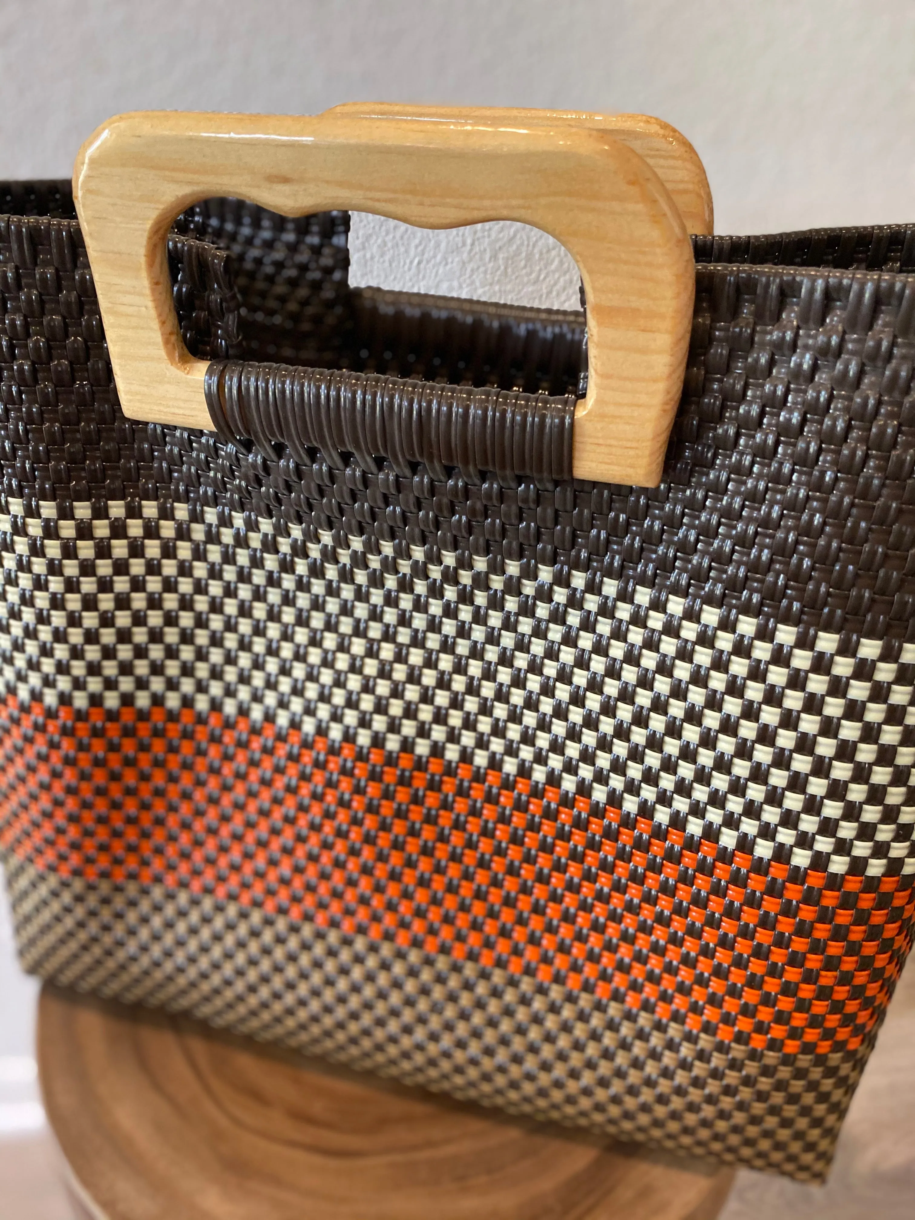 Dark Brown, Orange and Tan Wood-Handled Woven Tote