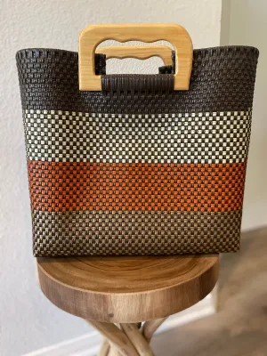 Dark Brown, Orange and Tan Wood-Handled Woven Tote