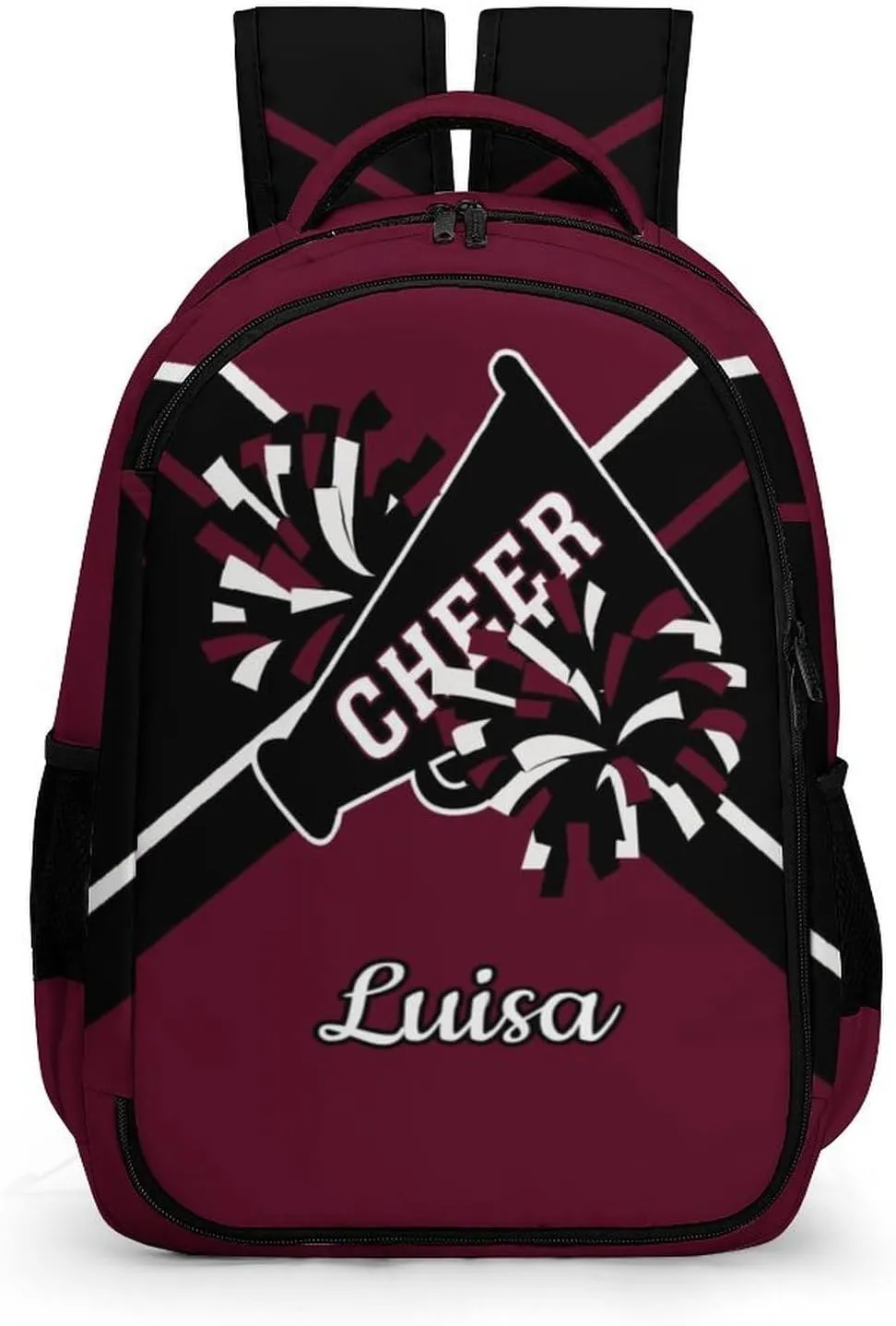 Dark Red Cheerleader Waterproof School Backpack Personalized with Name for Men Women Sport Laptop Bag