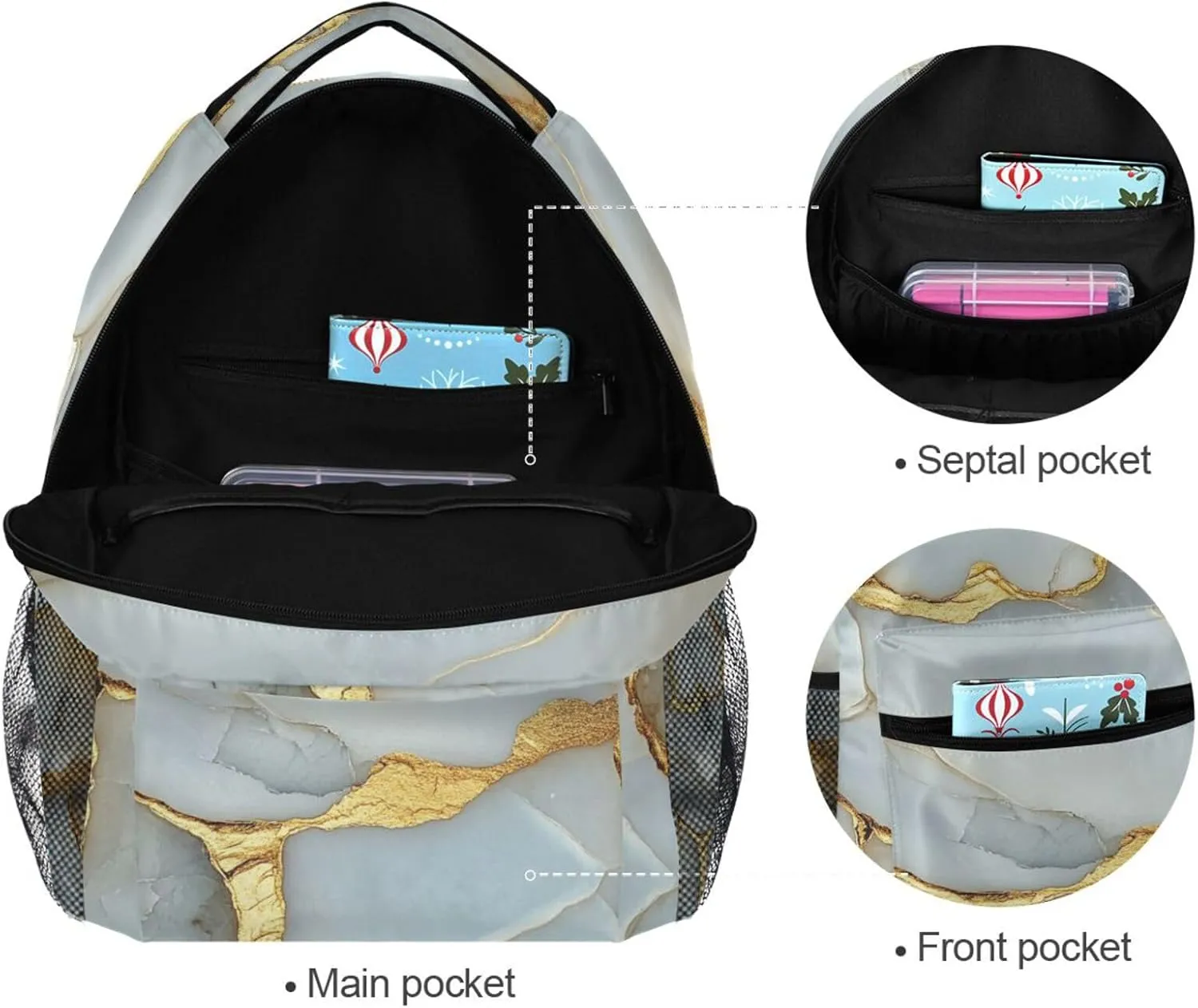 Day Backpack for Unisex Adult Waterproof Diaper Bag Backpack with Chest Strap for College Work Marble White White