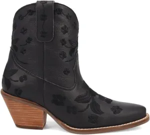 Dingo Womens Sweetheart Floral Embroidered Snip Toe Casual Boots Ankle Mid Heel 2-3" - Black