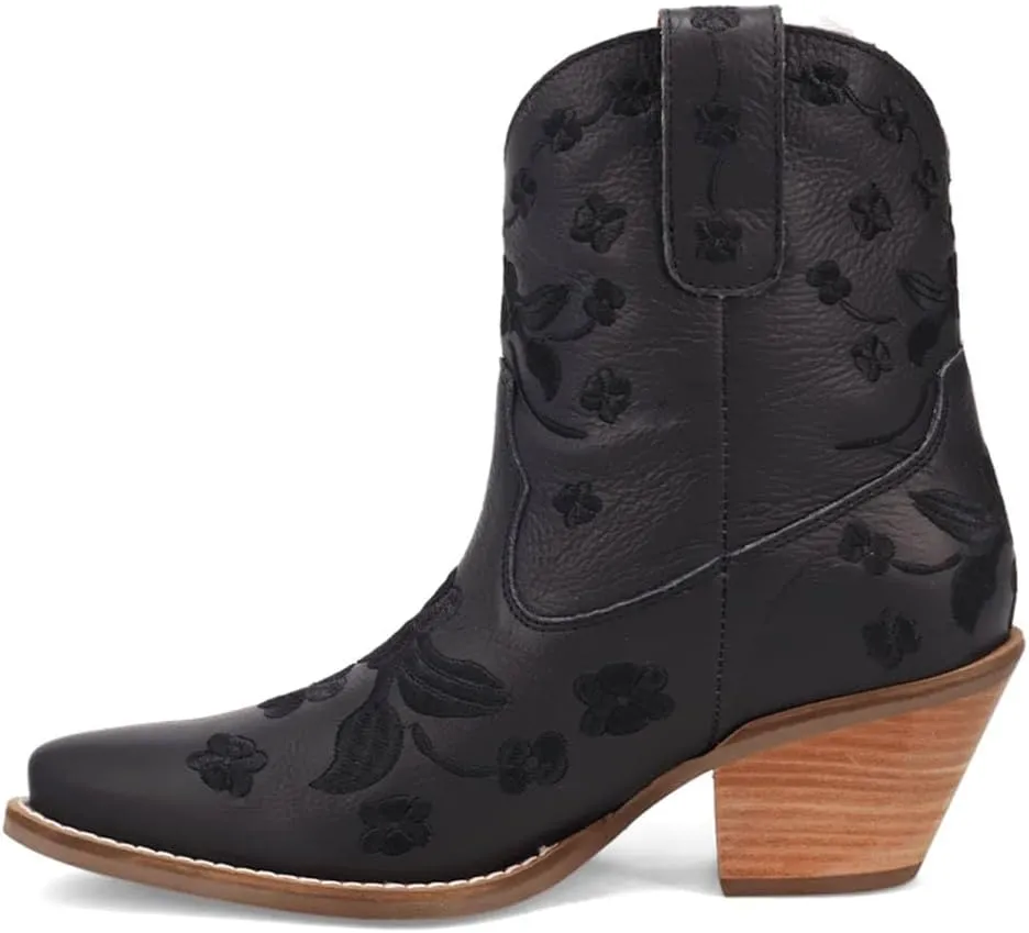 Dingo Womens Sweetheart Floral Embroidered Snip Toe Casual Boots Ankle Mid Heel 2-3" - Black