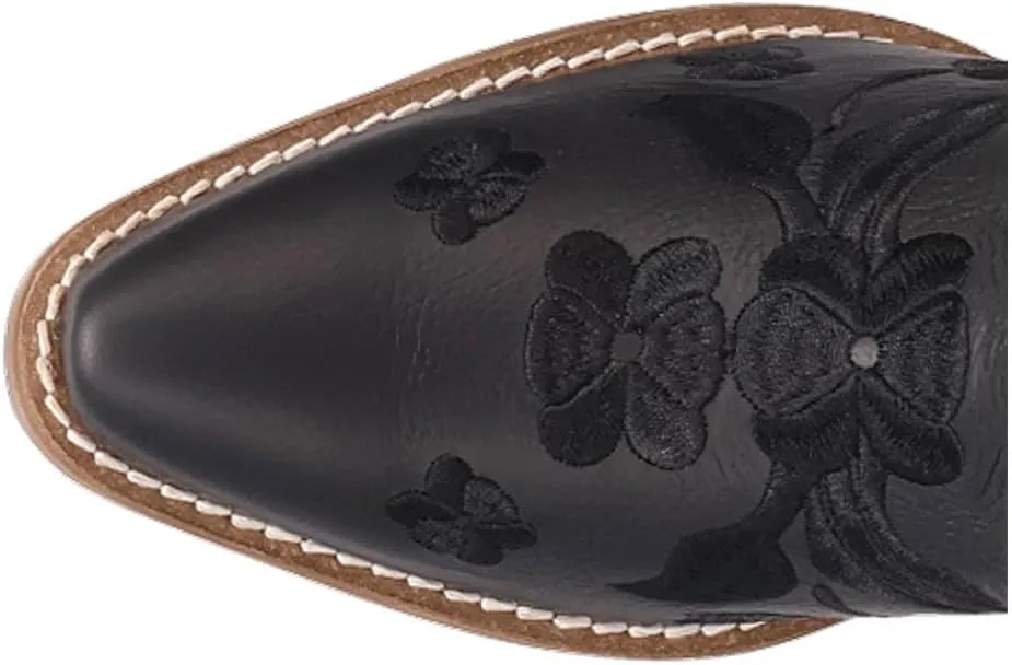 Dingo Womens Sweetheart Floral Embroidered Snip Toe Casual Boots Ankle Mid Heel 2-3" - Black