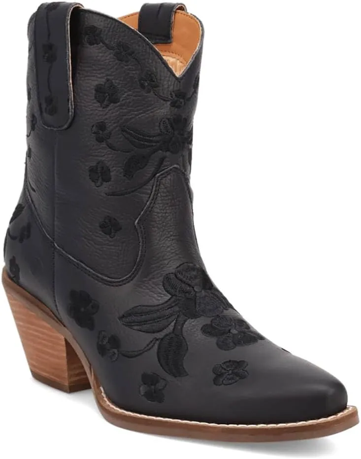 Dingo Womens Sweetheart Floral Embroidered Snip Toe Casual Boots Ankle Mid Heel 2-3" - Black