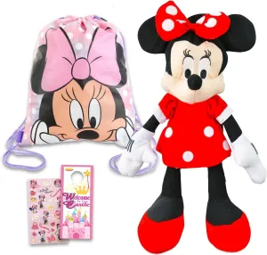 Disney Minnie Mouse Plush Backpack Set - Bundle with Minnie Travel Bag, Drawstring Bag, Stickers and More (Minnie Shoulder Bag for Toddler Girls)