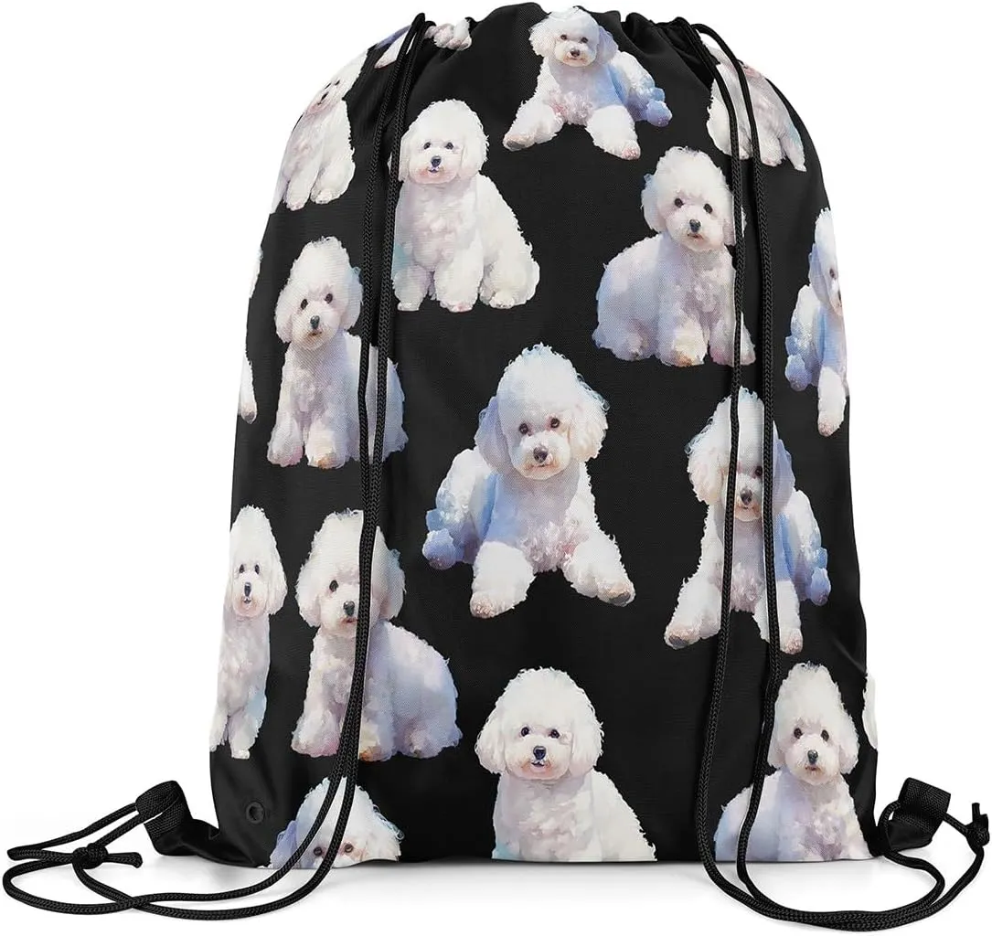 Dog Drawstring Backpack,Cartoon Dog Drawstring Bags,Kawaii Animal Draw String Back Bag,Dog Lover String Backpack,Lovely Pet Themed Foldable Cinch Bag for Shopping,13x15.7,Black White