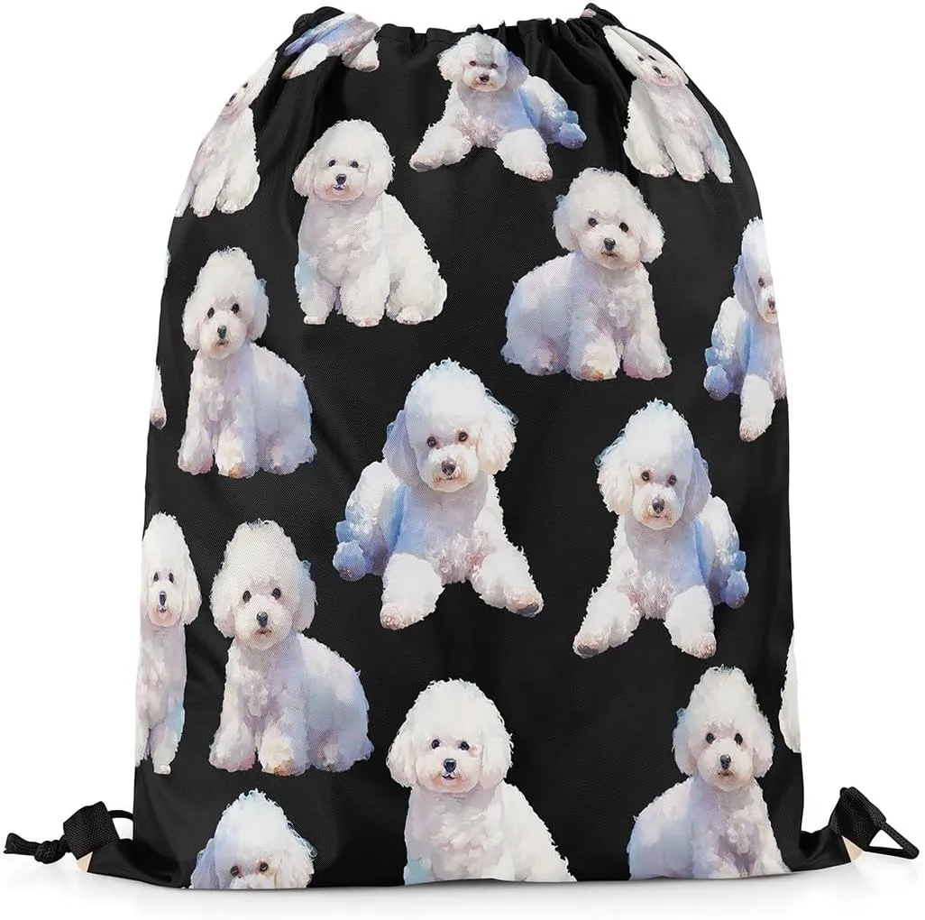 Dog Drawstring Backpack,Cartoon Dog Drawstring Bags,Kawaii Animal Draw String Back Bag,Dog Lover String Backpack,Lovely Pet Themed Foldable Cinch Bag for Shopping,13x15.7,Black White