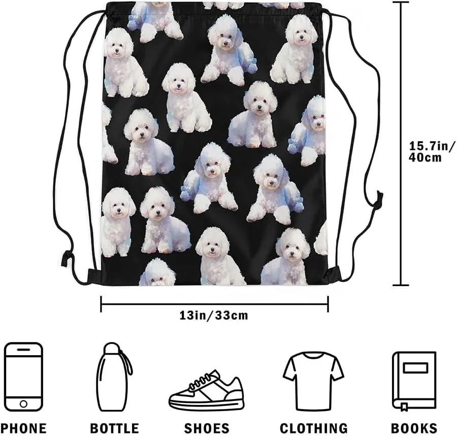 Dog Drawstring Backpack,Cartoon Dog Drawstring Bags,Kawaii Animal Draw String Back Bag,Dog Lover String Backpack,Lovely Pet Themed Foldable Cinch Bag for Shopping,13x15.7,Black White