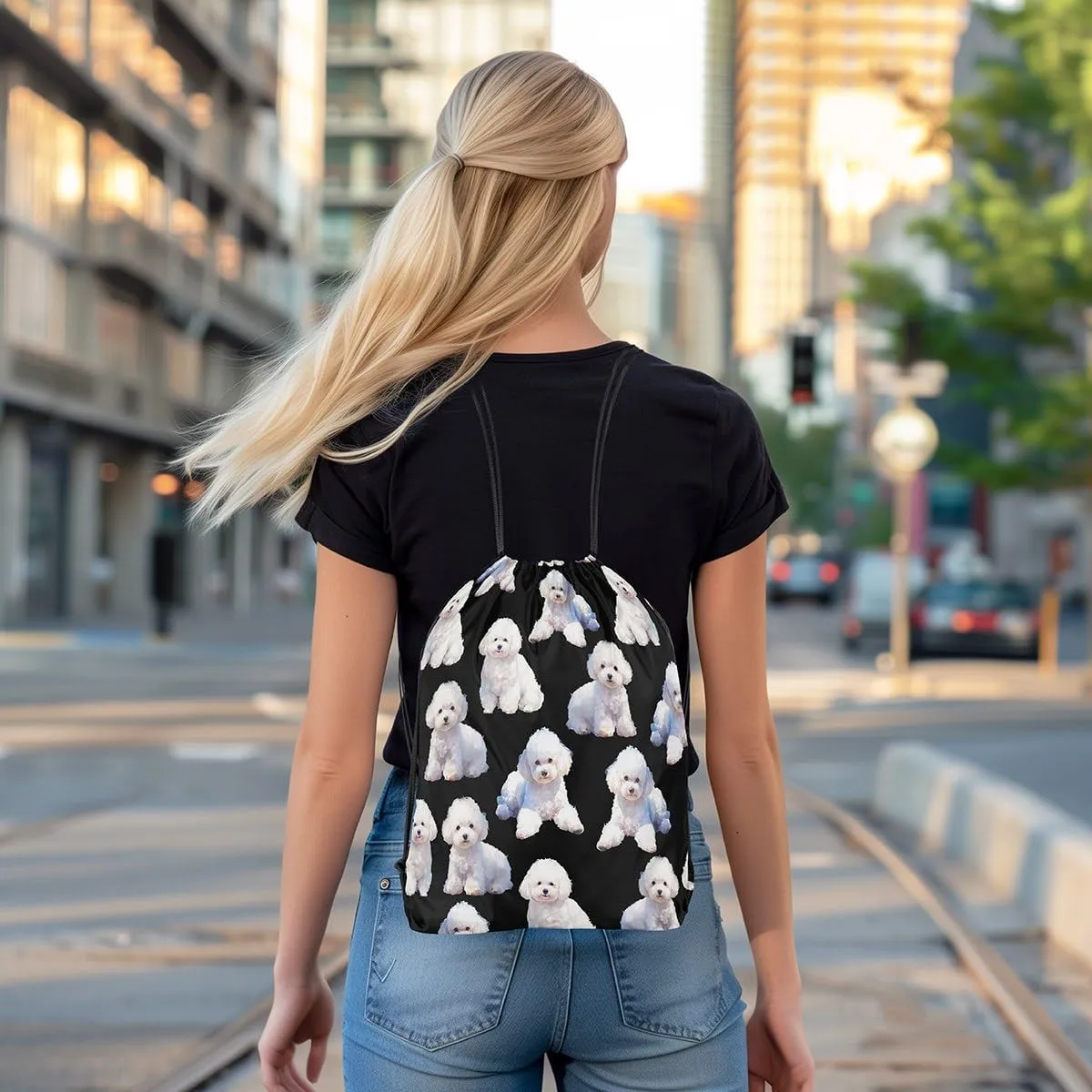 Dog Drawstring Backpack,Cartoon Dog Drawstring Bags,Kawaii Animal Draw String Back Bag,Dog Lover String Backpack,Lovely Pet Themed Foldable Cinch Bag for Shopping,13x15.7,Black White
