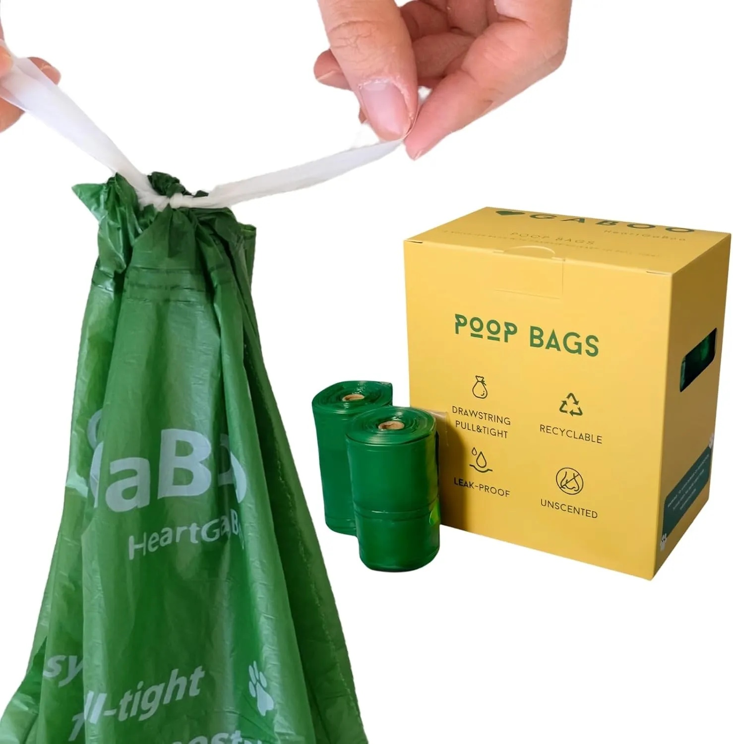 Dog Poop Bags Rolls, Drawstring Poop Bags for Easy Tying and Carrying, HDPE Recycled, 100% Leak Proof and Extra Strong, Easy automatically open, Unscented, 120 Count (Middle-Drawstring)
