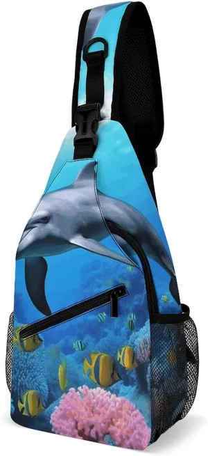 Dolphin in The Coral Reef Sling Bag Crossbody Chest Bags Hiking Backpack Shoulder Backpack For Women Men Travel