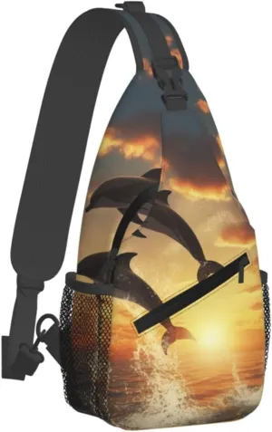 Dolphin Jumping Silhouette Sling Bag Crossbody Bag for Women Men Sling Backpack Chest Bag for Hiking Travel