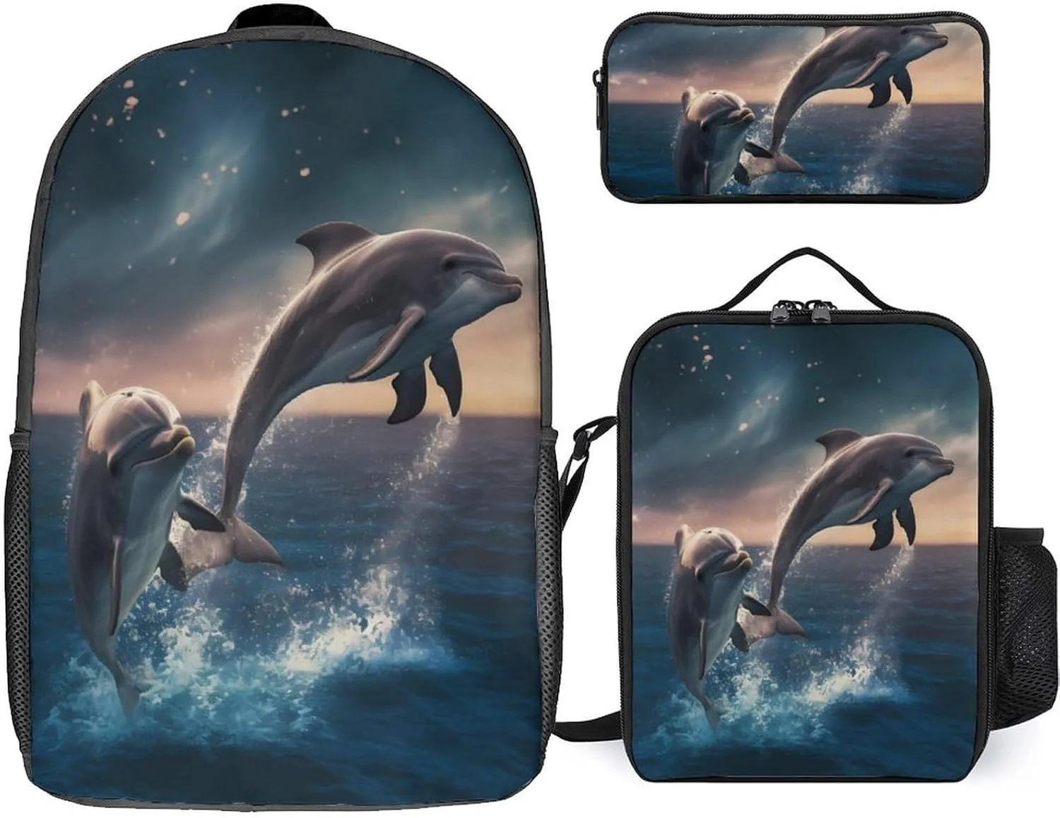 Dolphins Jump Backpack Set Teens Backpack with Lunch Box Pencil Case Laptop Bag Travel Daypacks