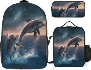 Dolphins Jump Backpack Set Teens Backpack with Lunch Box Pencil Case Laptop Bag Travel Daypacks
