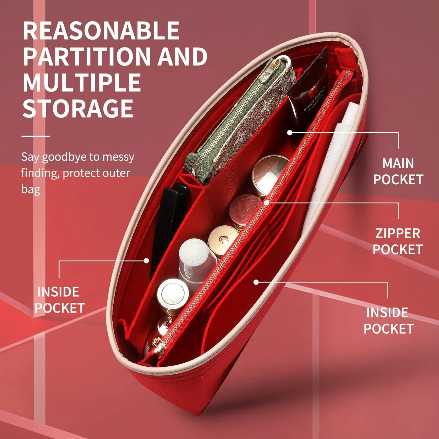 Doxo Purse Organizer Insert & Base Shaper, Felt Handbag & Tote Bag Fit LV Graceful MM More(Red,SL)