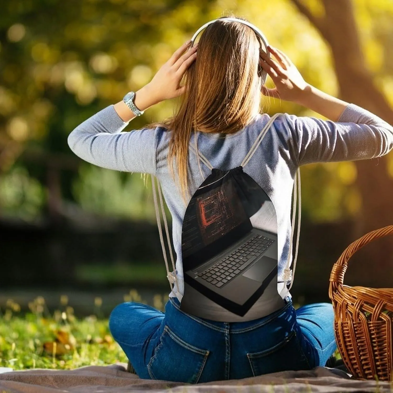 Drawstring Backpack Computer Turns On String Bag Sackpack Foldable Backpack Sports Gym Bag for Shopping Yoga