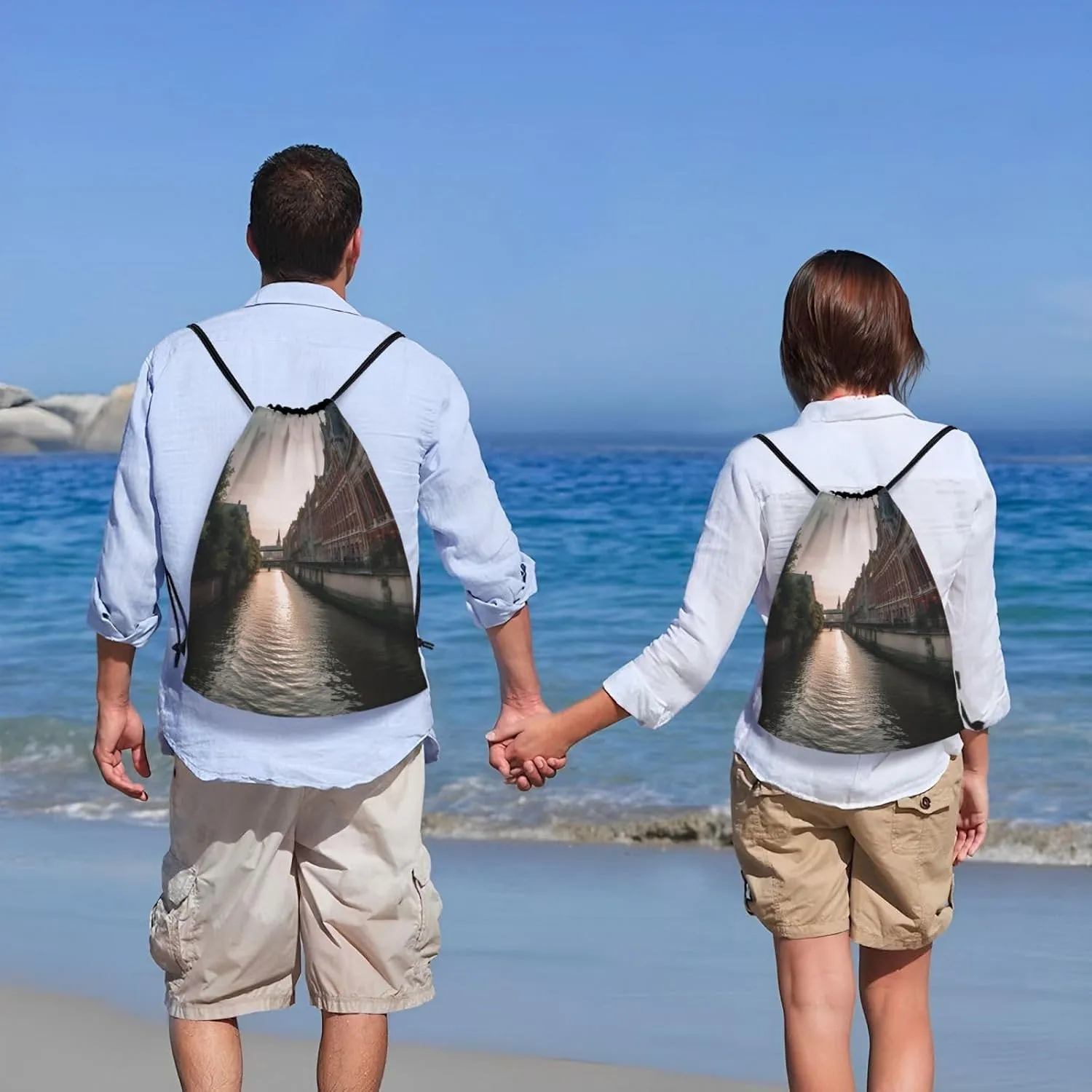 Drawstring Backpack for Women Men Gym Drawstring Bags Water Canal Buildings String Bag Swim Bag