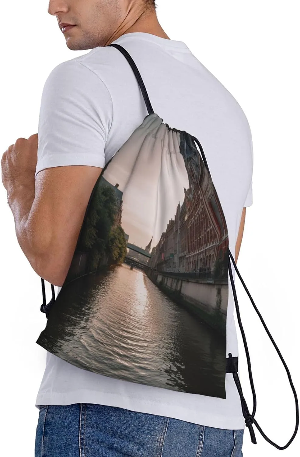 Drawstring Backpack for Women Men Gym Drawstring Bags Water Canal Buildings String Bag Swim Bag