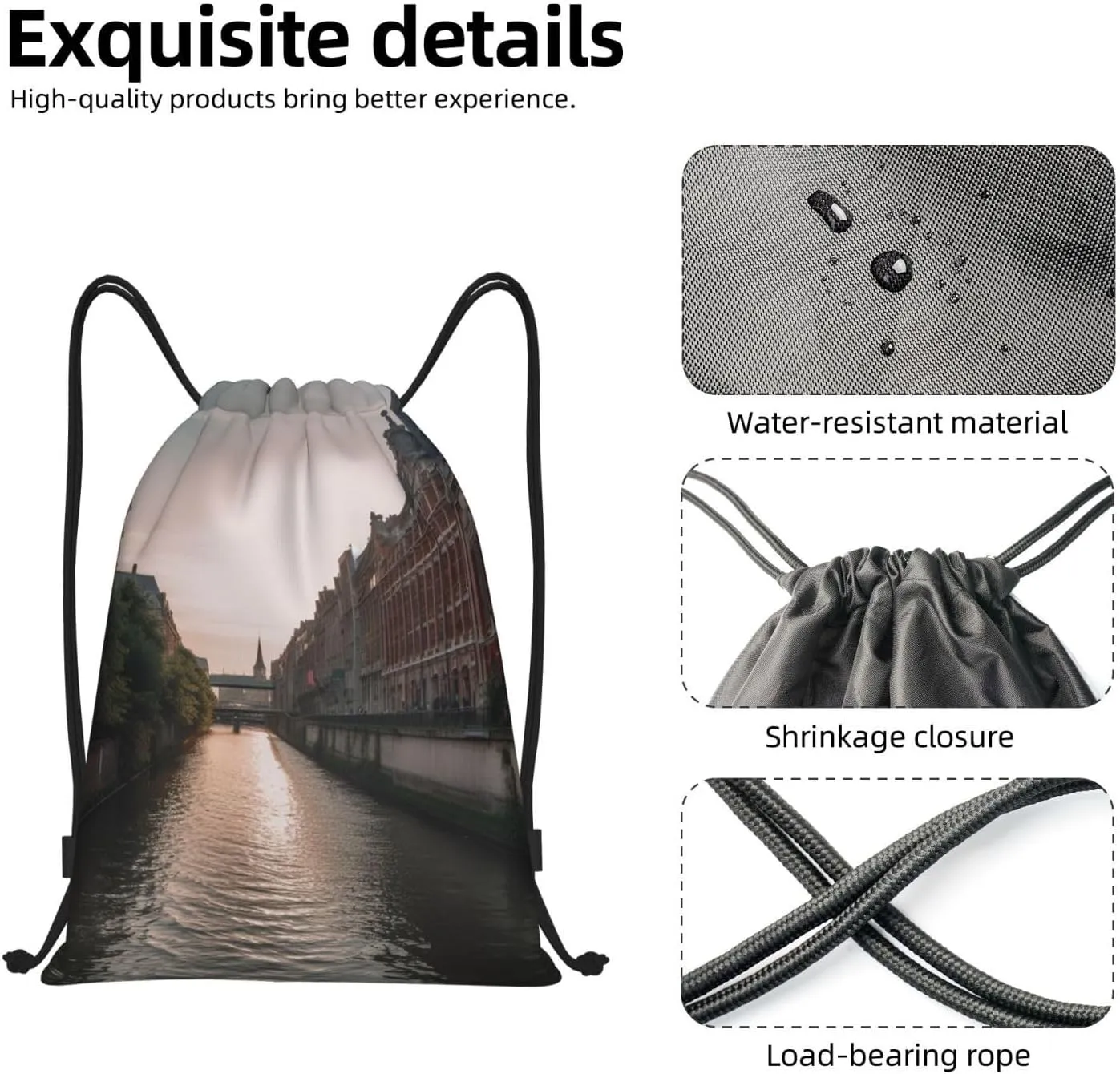 Drawstring Backpack for Women Men Gym Drawstring Bags Water Canal Buildings String Bag Swim Bag