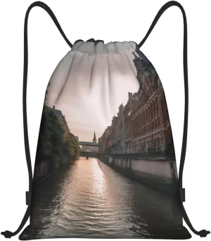 Drawstring Backpack for Women Men Gym Drawstring Bags Water Canal Buildings String Bag Swim Bag