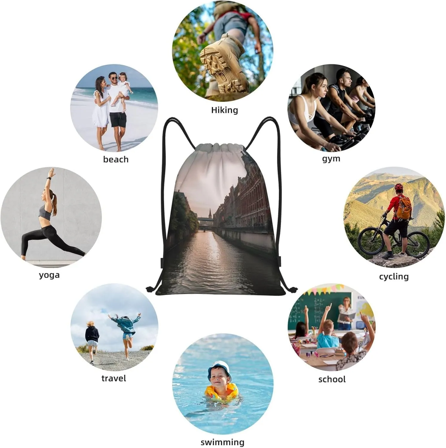 Drawstring Backpack for Women Men Gym Drawstring Bags Water Canal Buildings String Bag Swim Bag