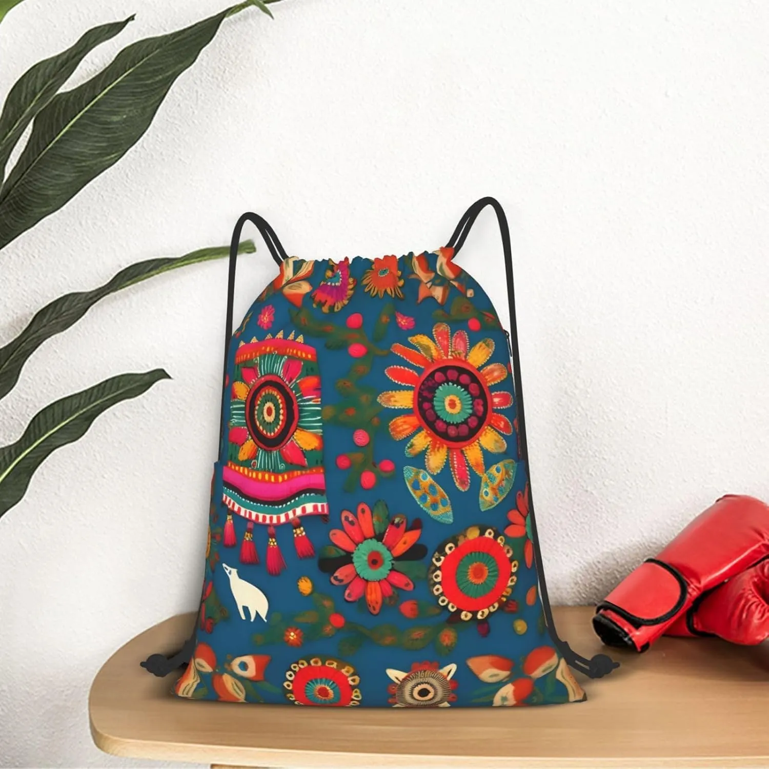 Drawstring Backpack for women,Versatile drawstring bag,Water-Resistant Cinch Bag,Gym sackpack-Mexican Folk Art Boho