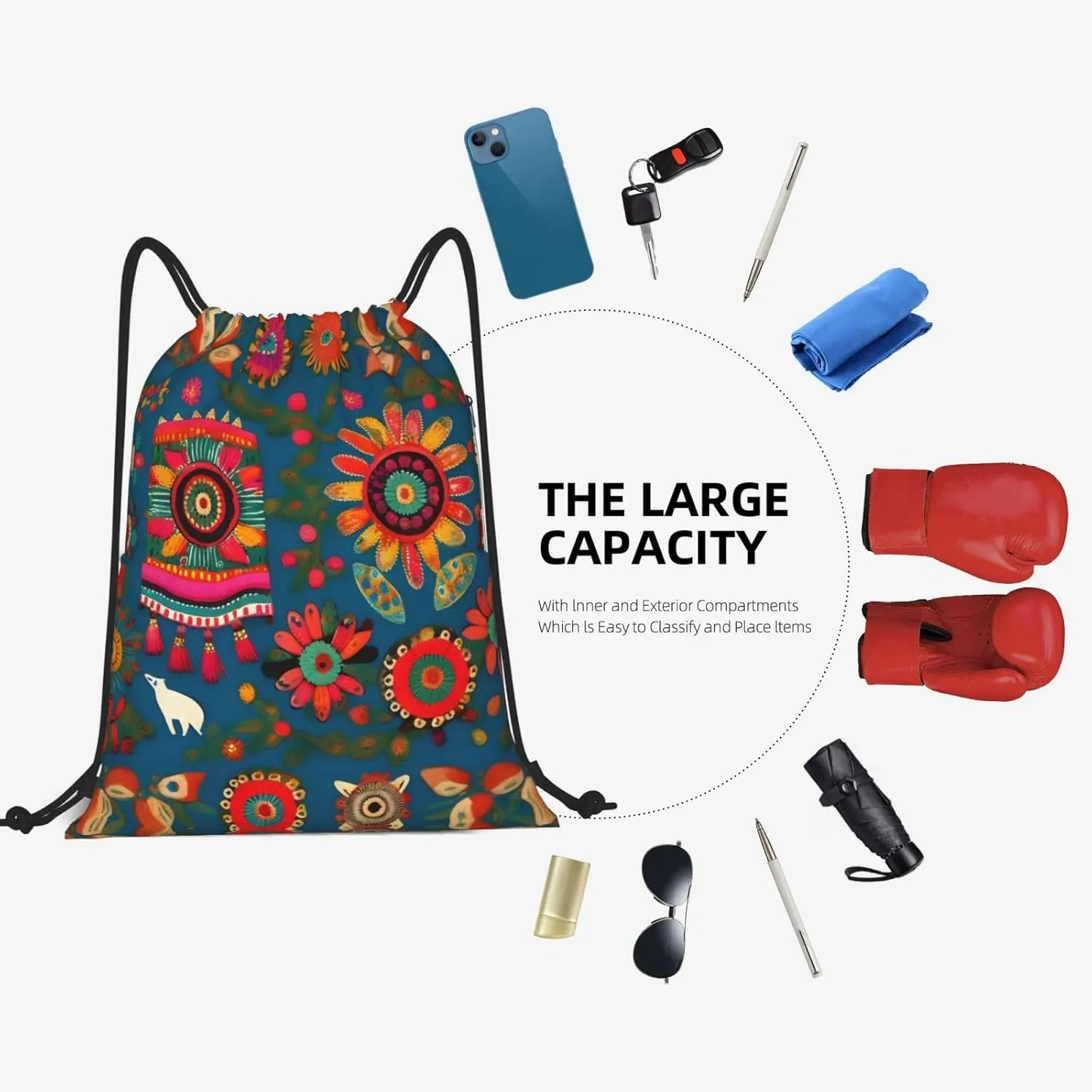 Drawstring Backpack for women,Versatile drawstring bag,Water-Resistant Cinch Bag,Gym sackpack-Mexican Folk Art Boho