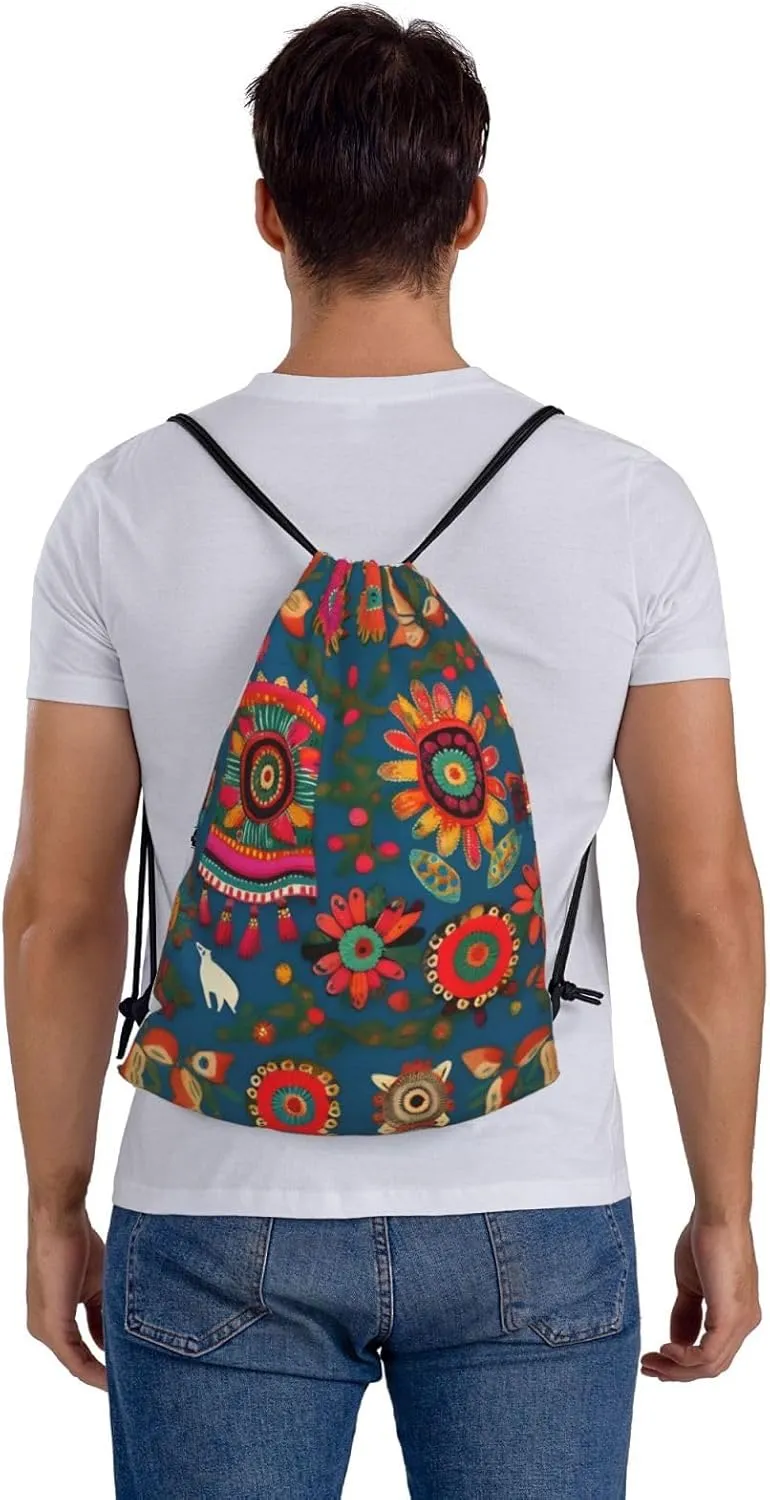 Drawstring Backpack for women,Versatile drawstring bag,Water-Resistant Cinch Bag,Gym sackpack-Mexican Folk Art Boho