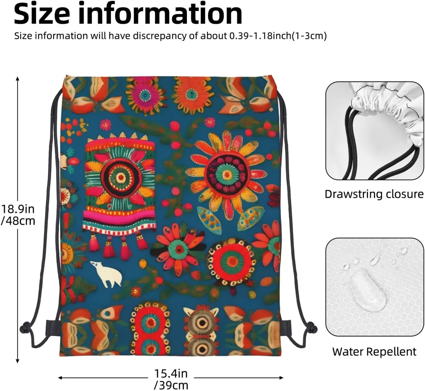 Drawstring Backpack for women,Versatile drawstring bag,Water-Resistant Cinch Bag,Gym sackpack-Mexican Folk Art Boho