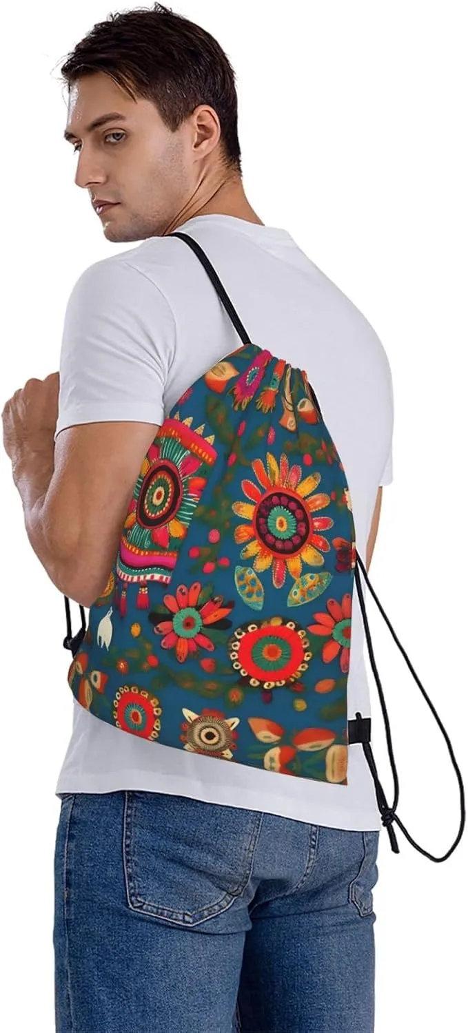 Drawstring Backpack for women,Versatile drawstring bag,Water-Resistant Cinch Bag,Gym sackpack-Mexican Folk Art Boho