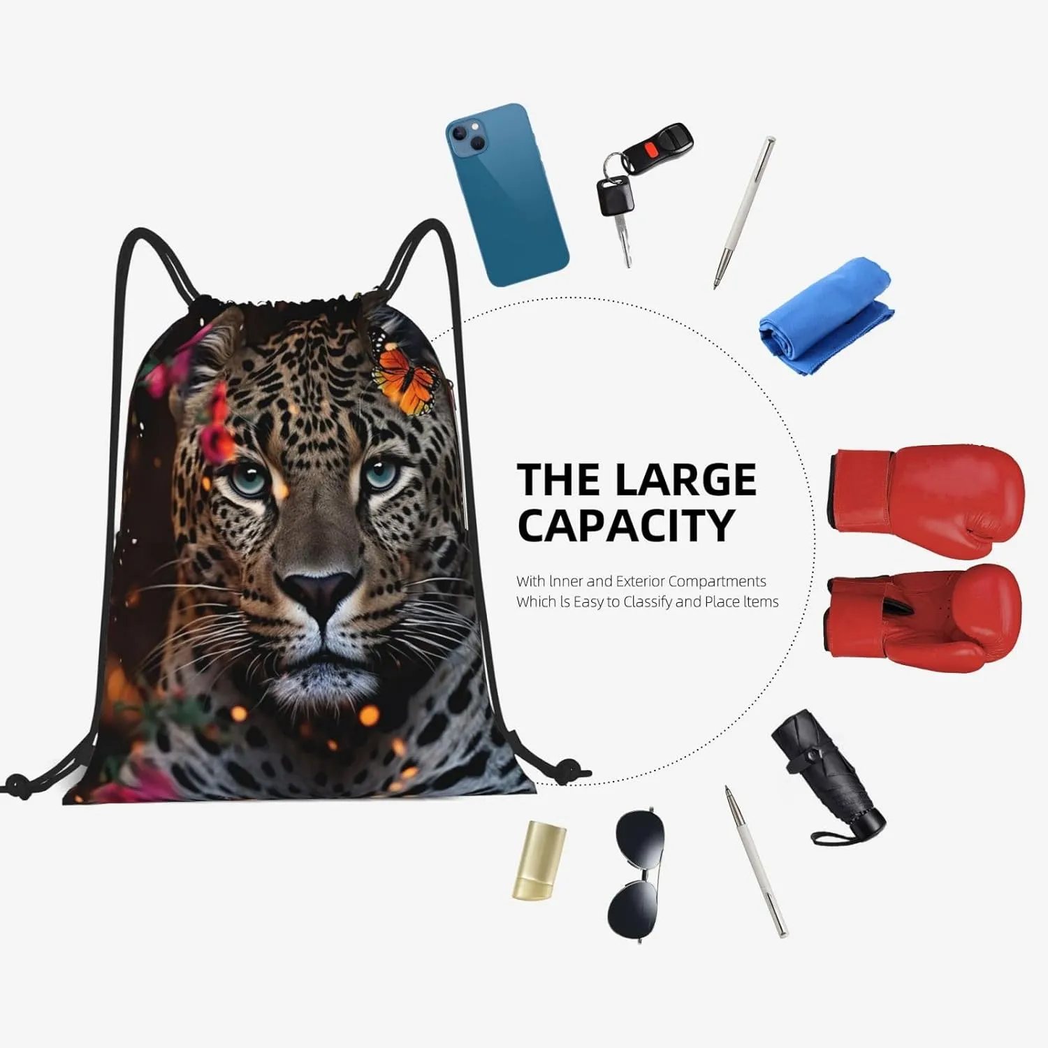 Drawstring Backpack Gym Bag Cinch Bag Draw String Back Bag Leopard and Butterfly Drawstring Bags for Travel