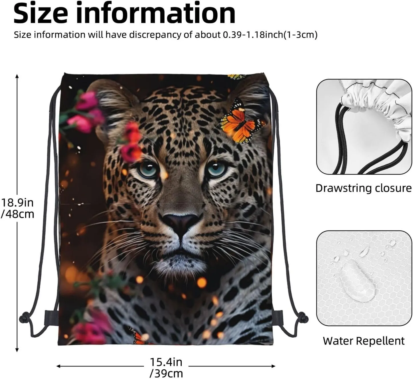 Drawstring Backpack Gym Bag Cinch Bag Draw String Back Bag Leopard and Butterfly Drawstring Bags for Travel