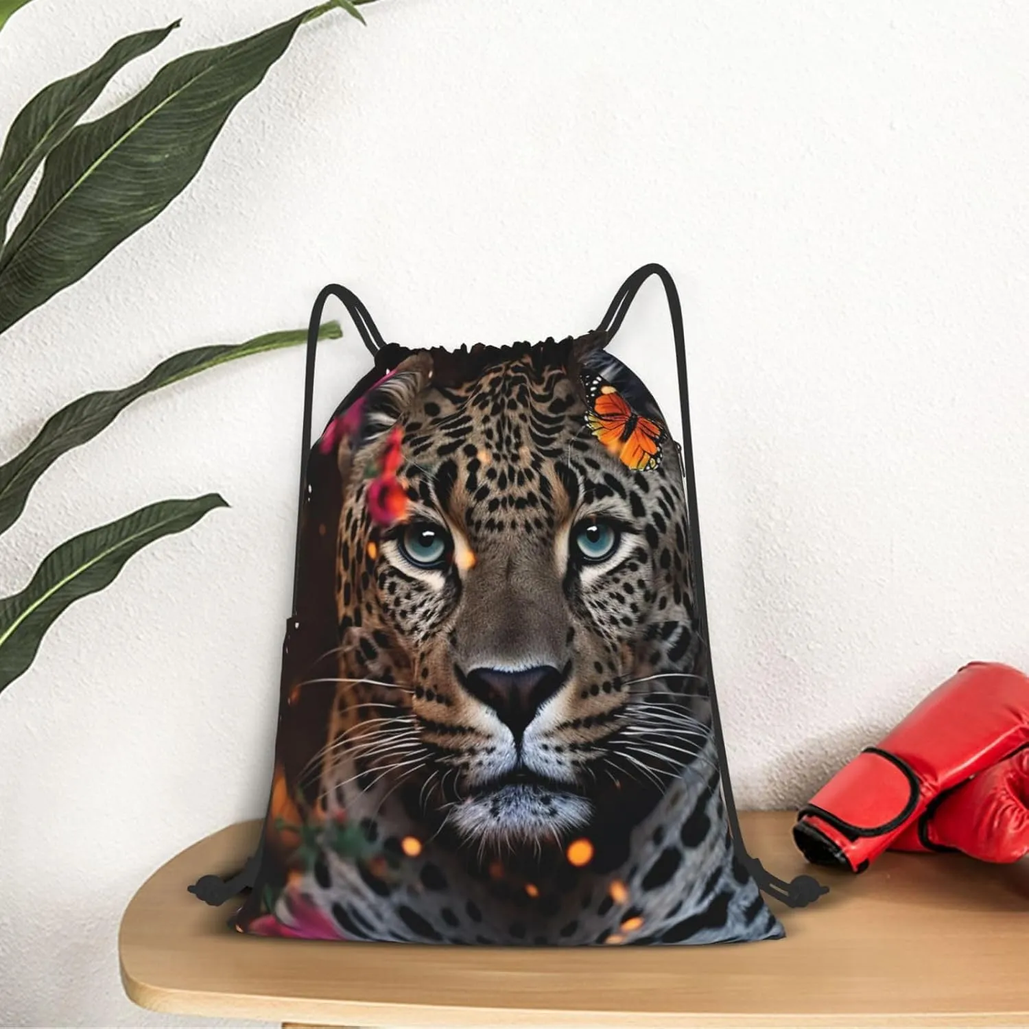 Drawstring Backpack Gym Bag Cinch Bag Draw String Back Bag Leopard and Butterfly Drawstring Bags for Travel