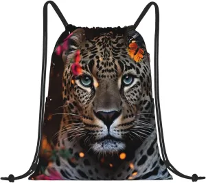Drawstring Backpack Gym Bag Cinch Bag Draw String Back Bag Leopard and Butterfly Drawstring Bags for Travel