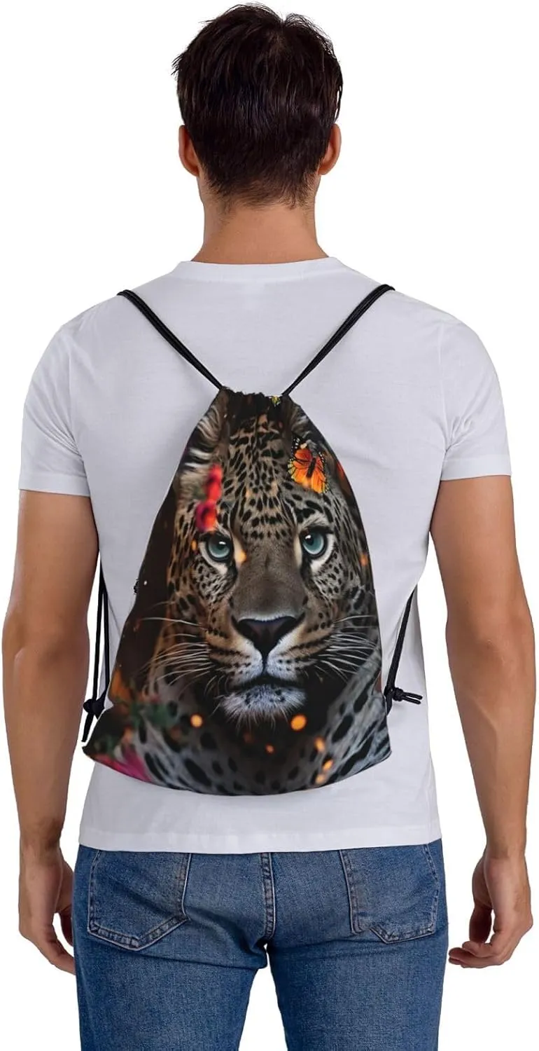 Drawstring Backpack Gym Bag Cinch Bag Draw String Back Bag Leopard and Butterfly Drawstring Bags for Travel