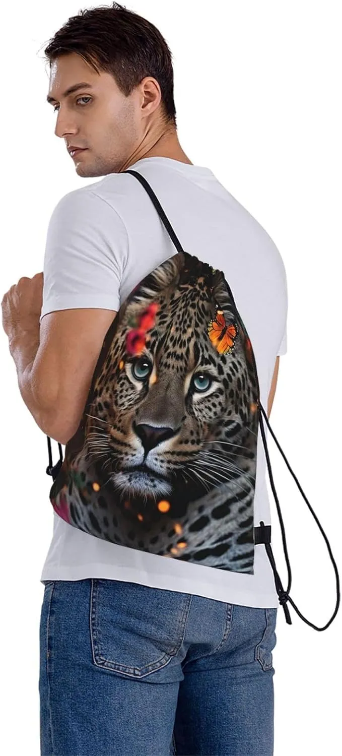 Drawstring Backpack Gym Bag Cinch Bag Draw String Back Bag Leopard and Butterfly Drawstring Bags for Travel